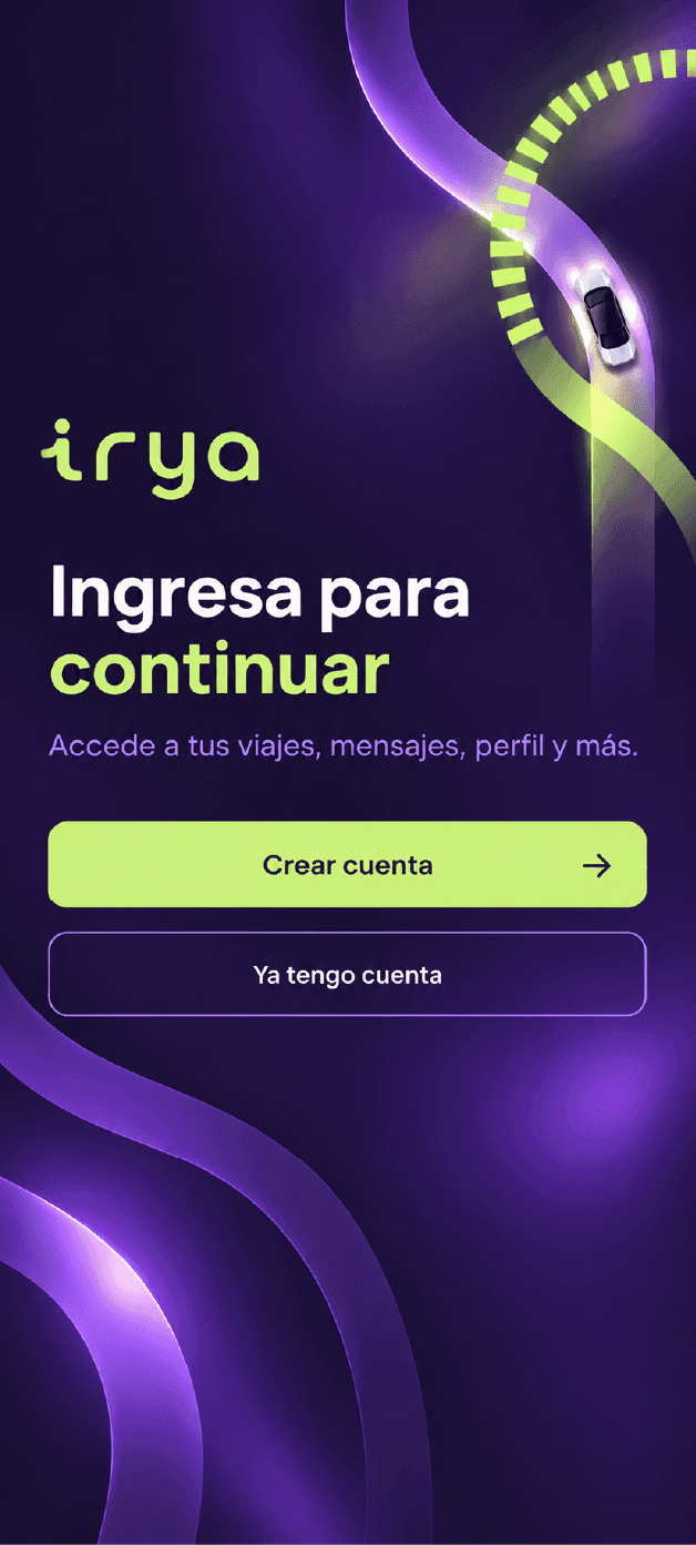 Pantalla de inicio de sesión de la app IRYA