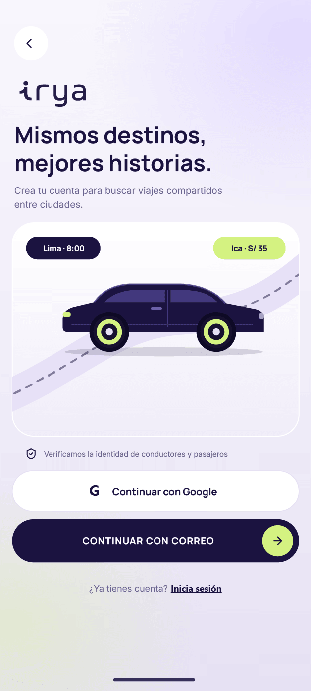 Pantalla de registro de la app IRYA