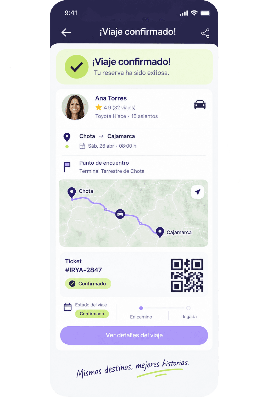 Confirmación de un viaje reservado en la app IRYA