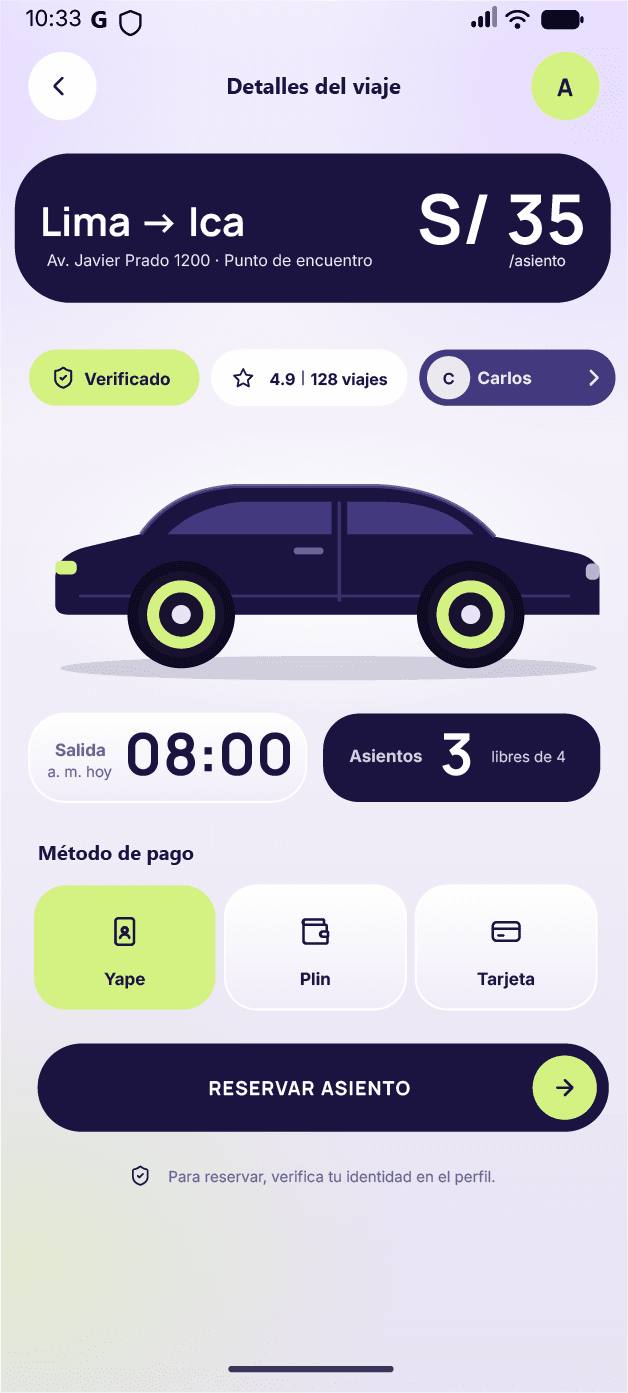 Detalle de un viaje en la app IRYA