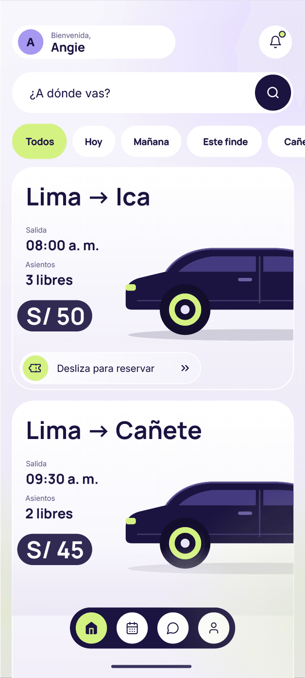 Listado de viajes disponibles en la app IRYA